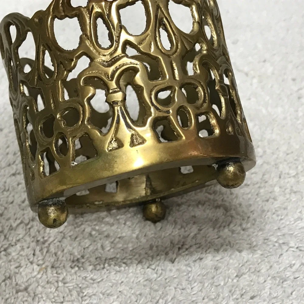 Vintage Brass Glass Votive Candle Holder Filigree Open Work Footed Sleeve India
